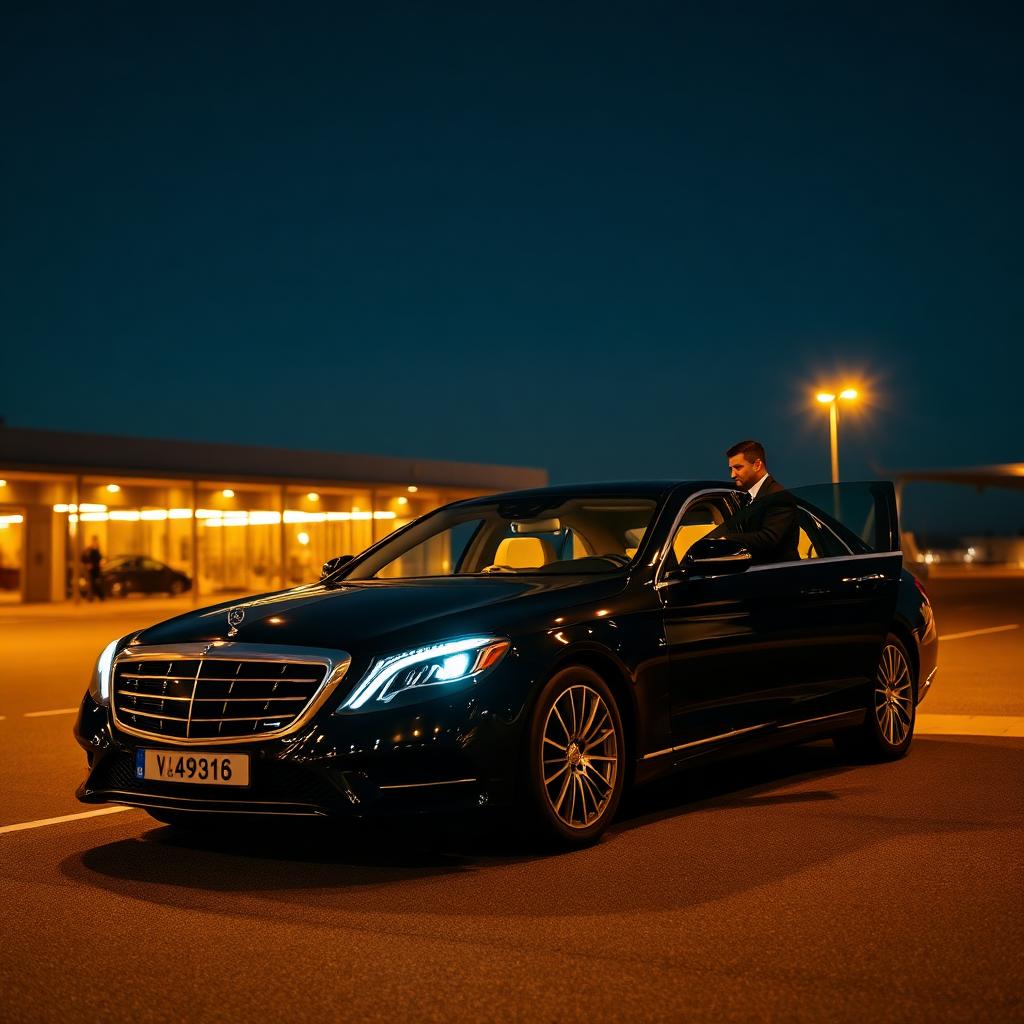 Chauffeur opening luxury sedan at Lisbon Airport